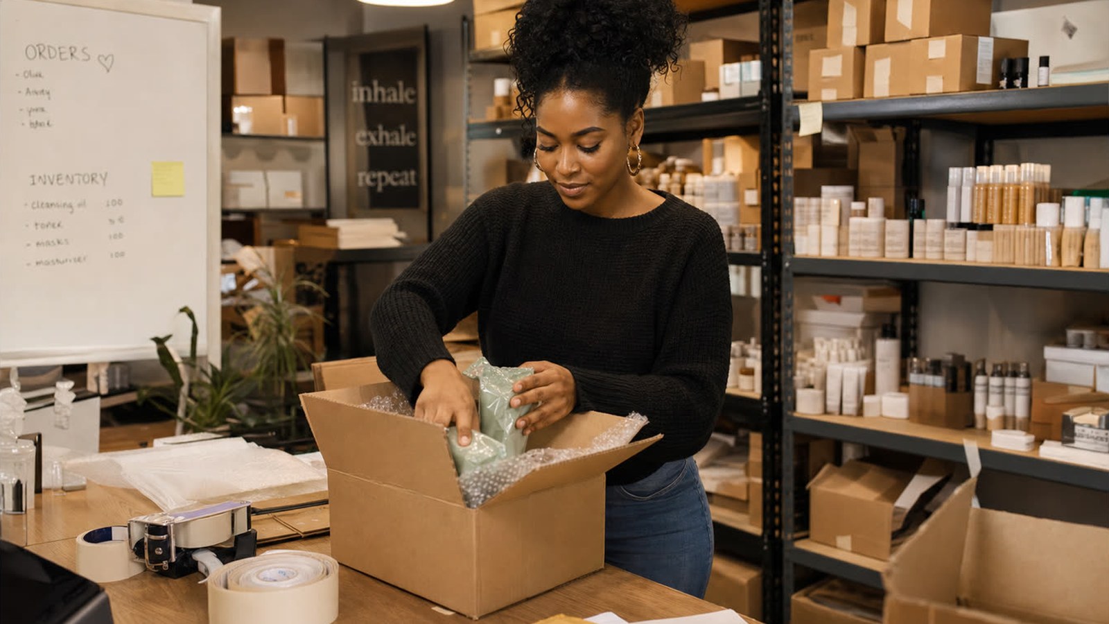 Online retail seller preparing packages for shipment
