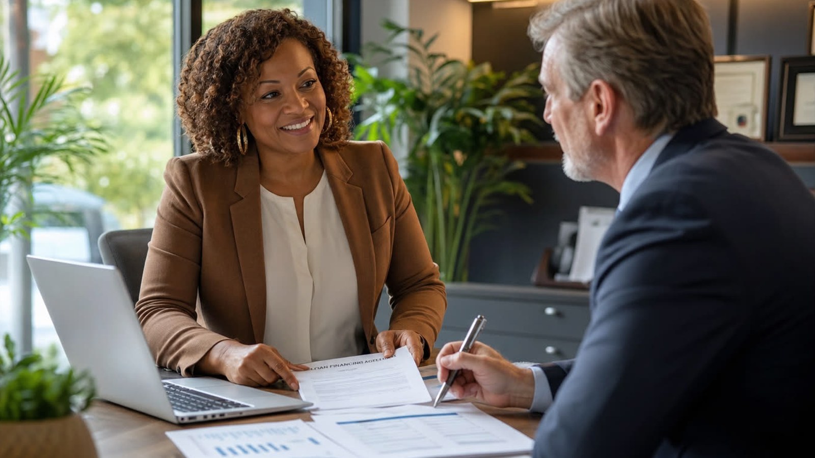 Business owner and advisor reviewing financing documents at a desk