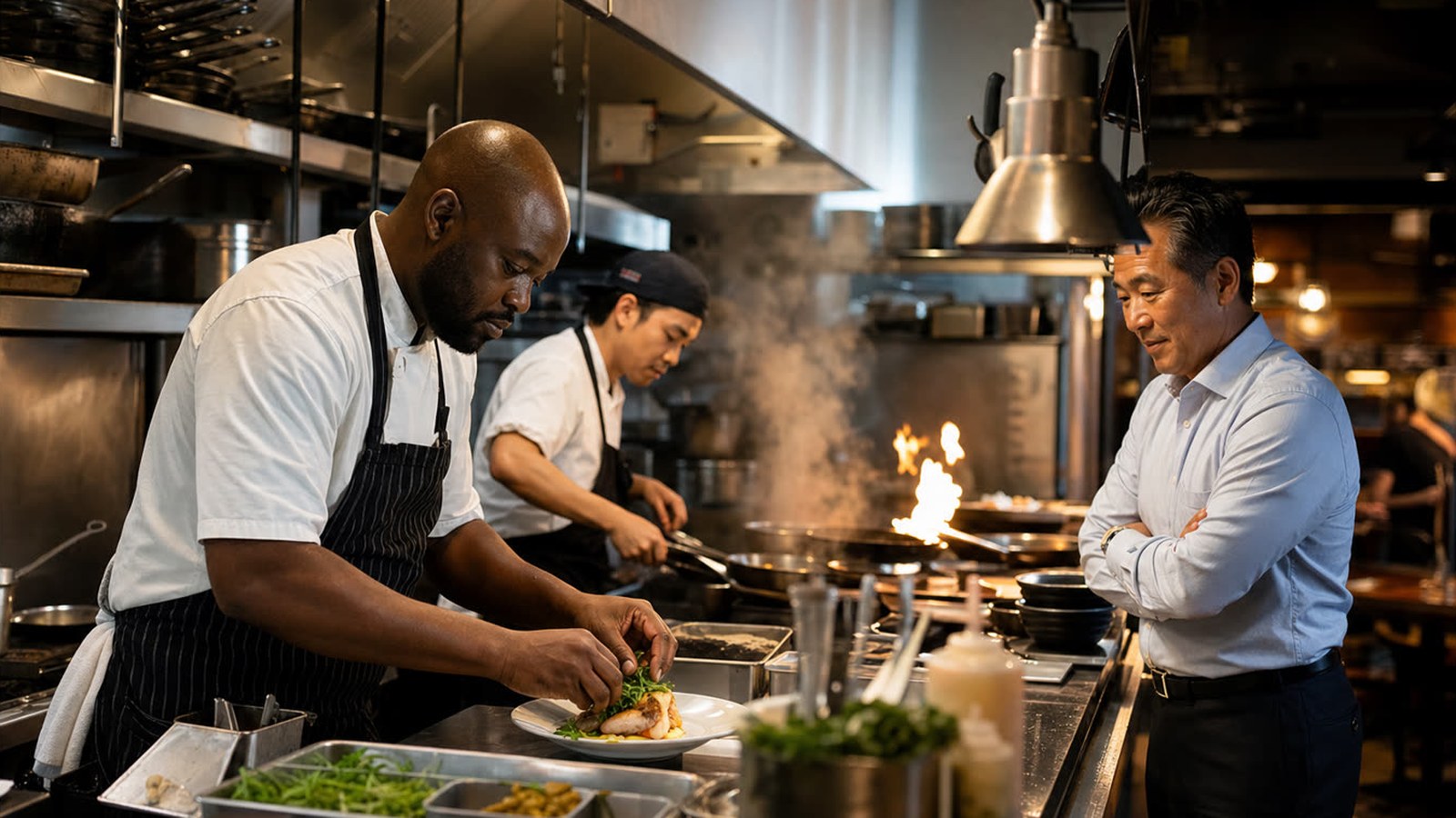 Restaurant owner in a busy kitchen