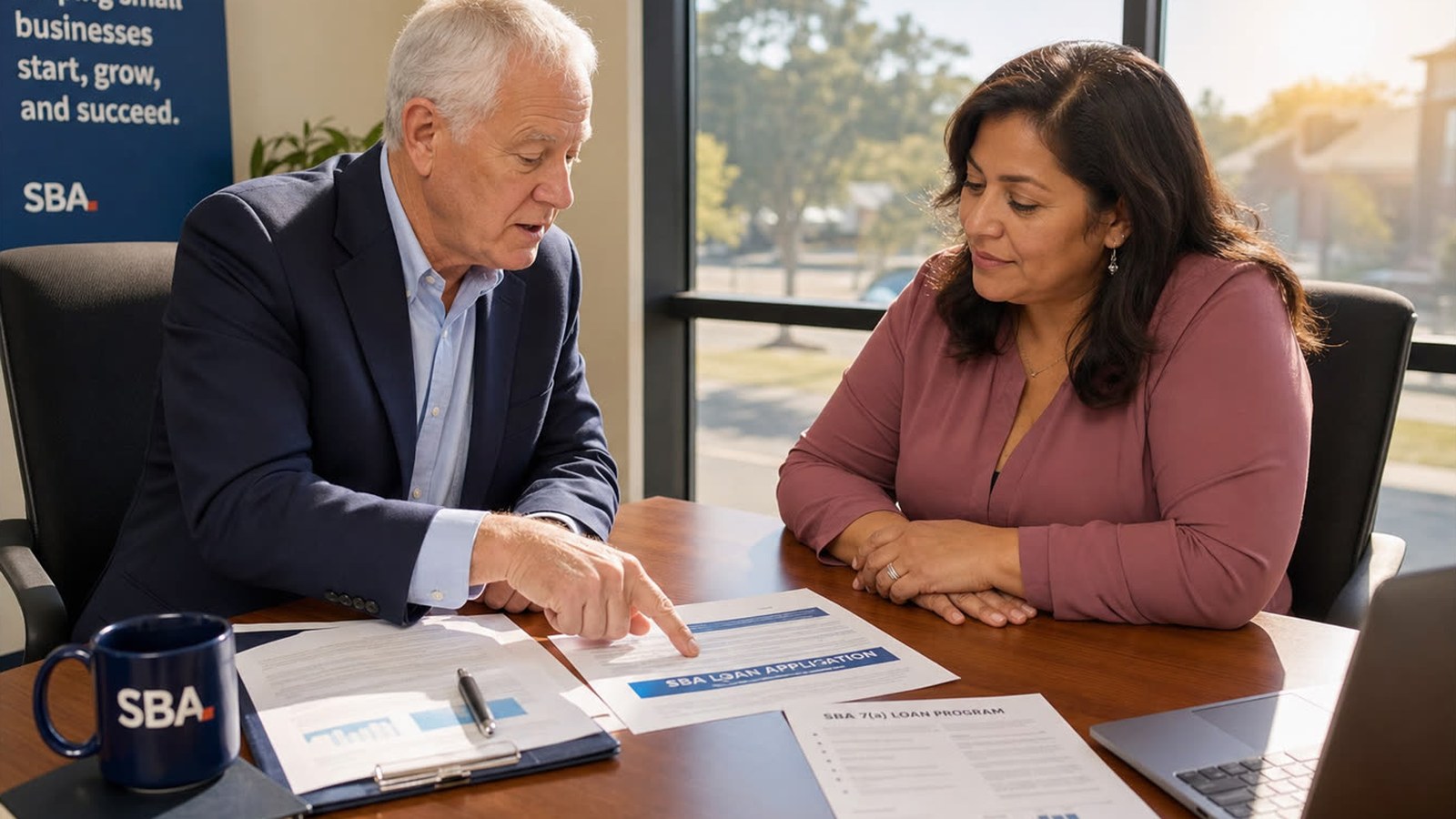 Advisor explaining SBA loan paperwork to a business owner
